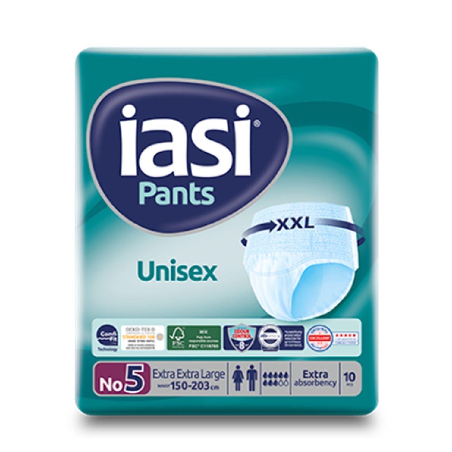 Confezione di IASI Pants Unisex, taglia XXL. Turchese e bianco. Scritte: IASI, Pants, Unisex, taglia 5, Extra Large, 150-203cm, Extra Assorbenza, 10 pezzi.
