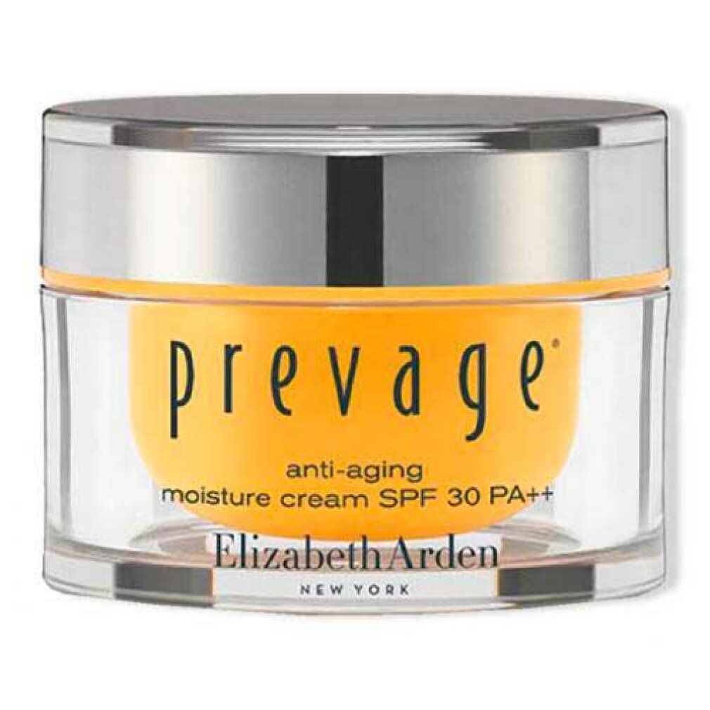 Vaso di crema con coperchio argentato. Scritte "prevage", "anti-aging moisture cream SPF 30" e "Elizabeth Arden".