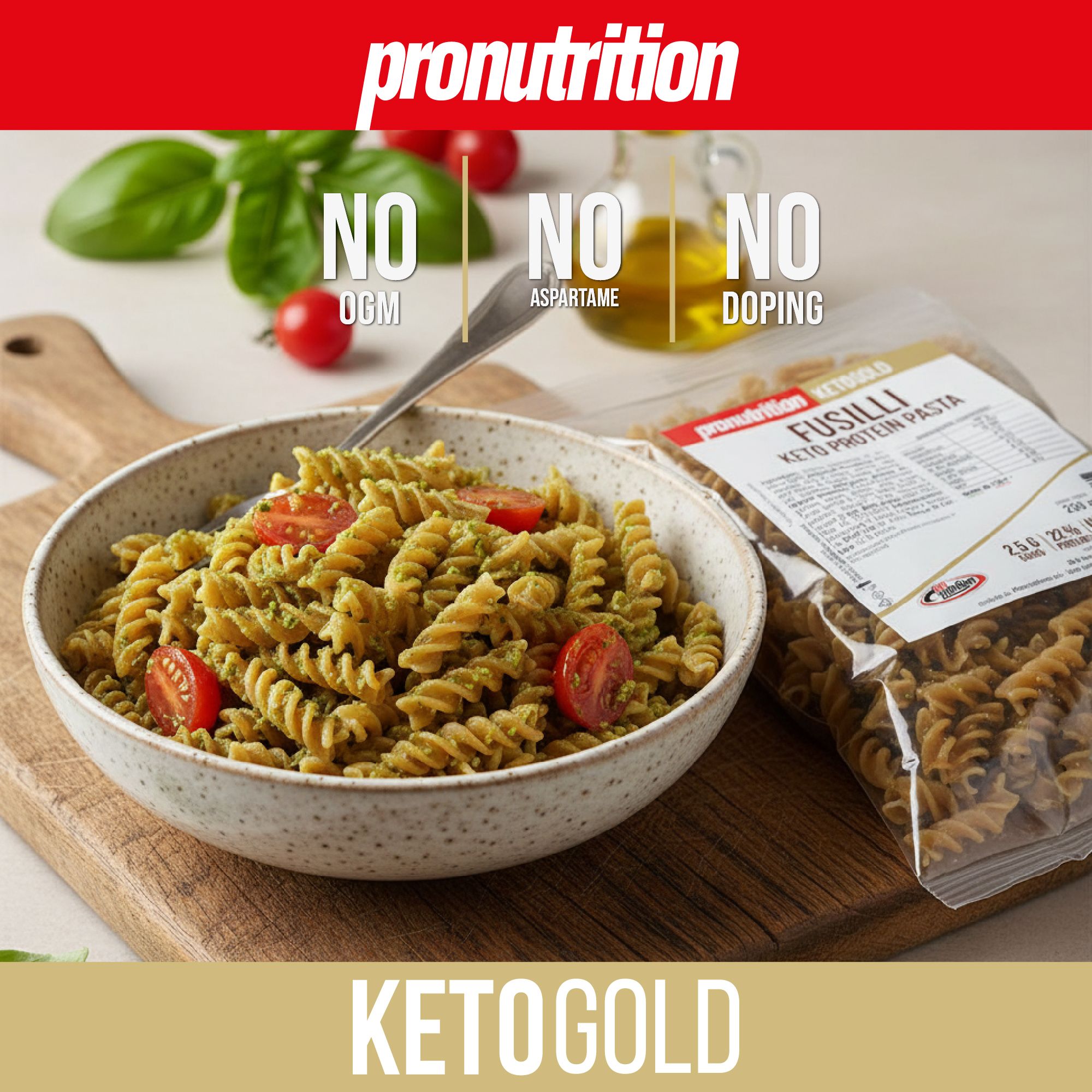 Pasta fusilli con pomodori e pesto in una ciotola. Marchio: Pronutrition. Scritta: Ketogold. Scritta: No OGM, aspartame, doping.