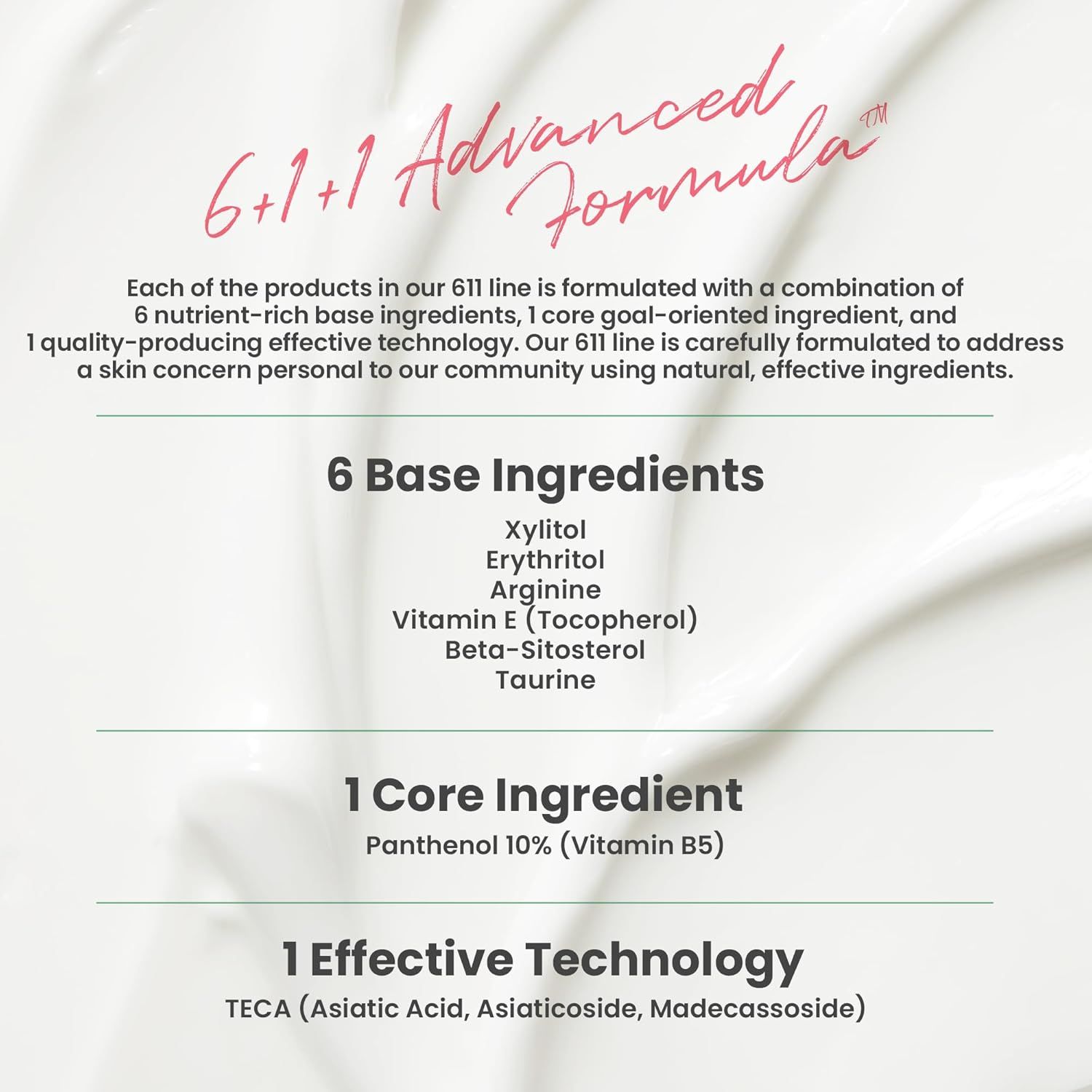 Testo con elenchi puntati. Testo: '6+1+1 Advanced Formula' e ingredienti.