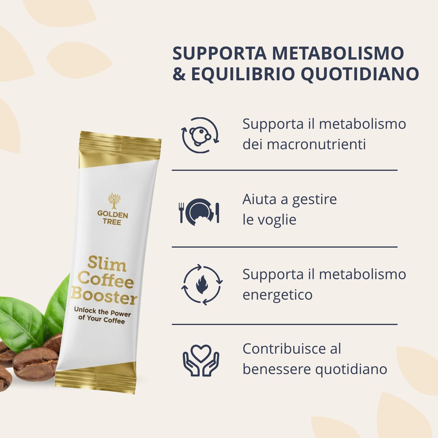 Golden Tree Slim Coffee Booster bustina singola con chicchi di caffè e foglie.
