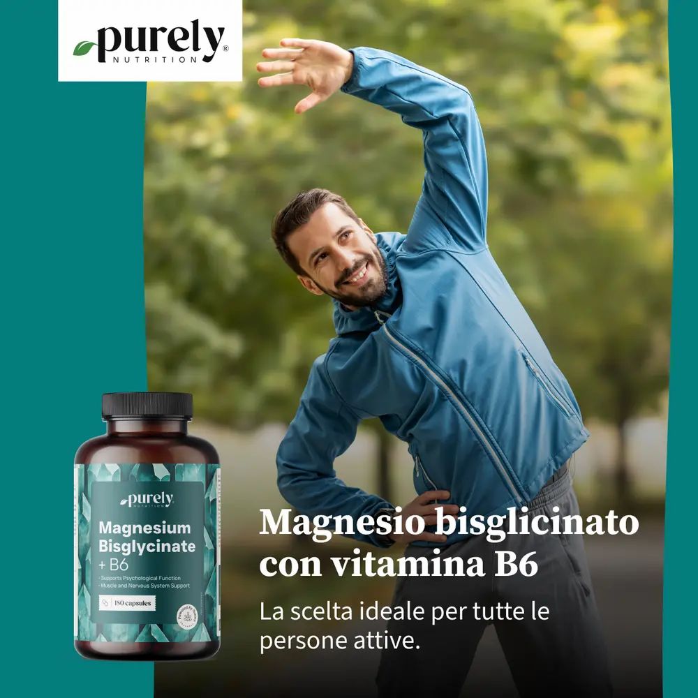 Uomo che si allunga. Bottiglia con Magnesium Bisglycinate + B6. Testo: Magnesio bisglicinato con vitamina B6.