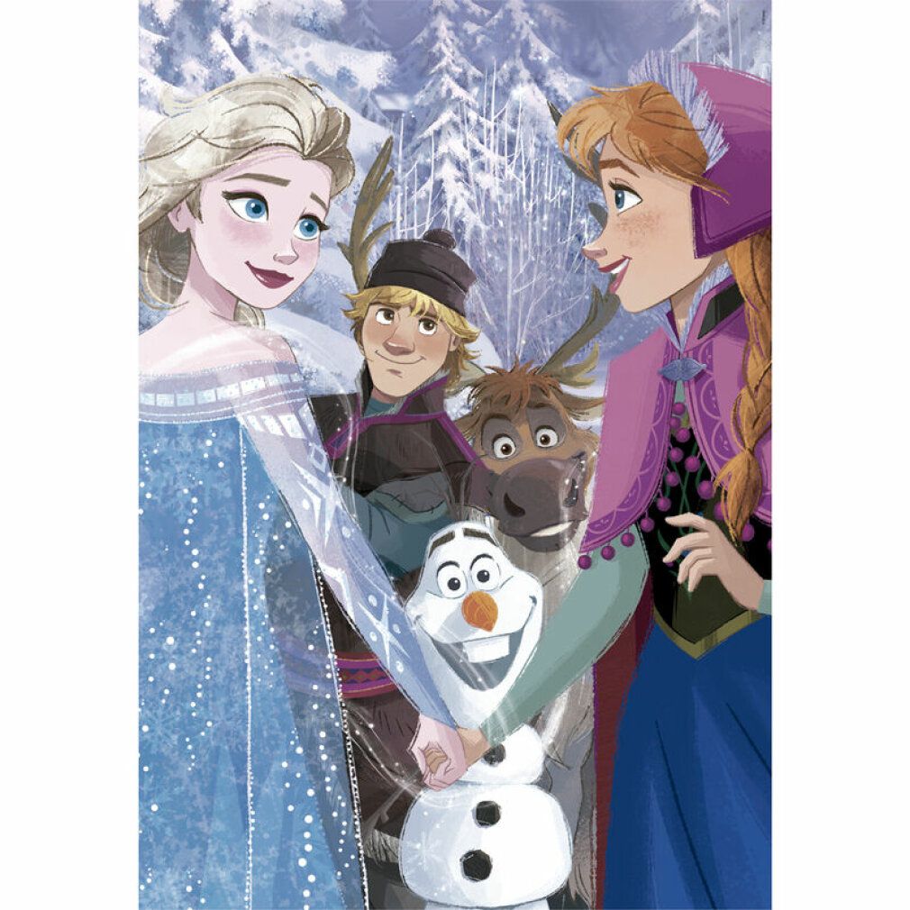 Puzzle Frozen con Elsa, Anna, Olaf e altri personaggi. Paesaggio innevato sullo sfondo. Puzzle Clementoni.