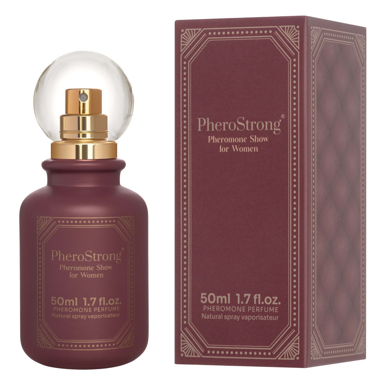PheroStrong Pheromone Show per Donne, 50ml. Flacone spray con erogatore dorato e tappo a sfera in vetro, accanto alla sua confezione.