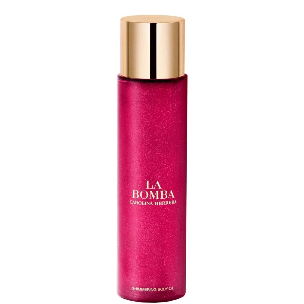 Flacone rosso con tappo dorato. Scritta: LA BOMBA CAROLINA HERRERA. Testo: SHIMMERING BODY OIL.