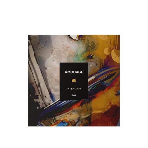 Confezione quadrata con pittura astratta. Rettangolo nero con AMOUAGE INTERLUDE MAN. Stella dorata.