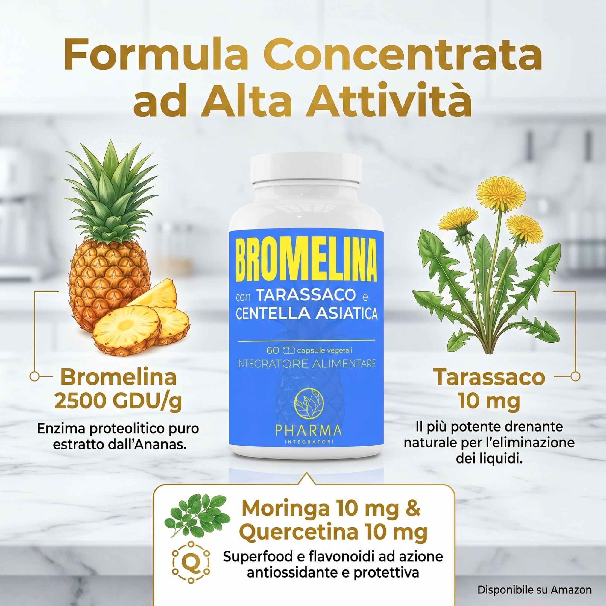 Flacone di Bromelina con Tarassaco e Centella Asiatica, con ananas e tarassaco.