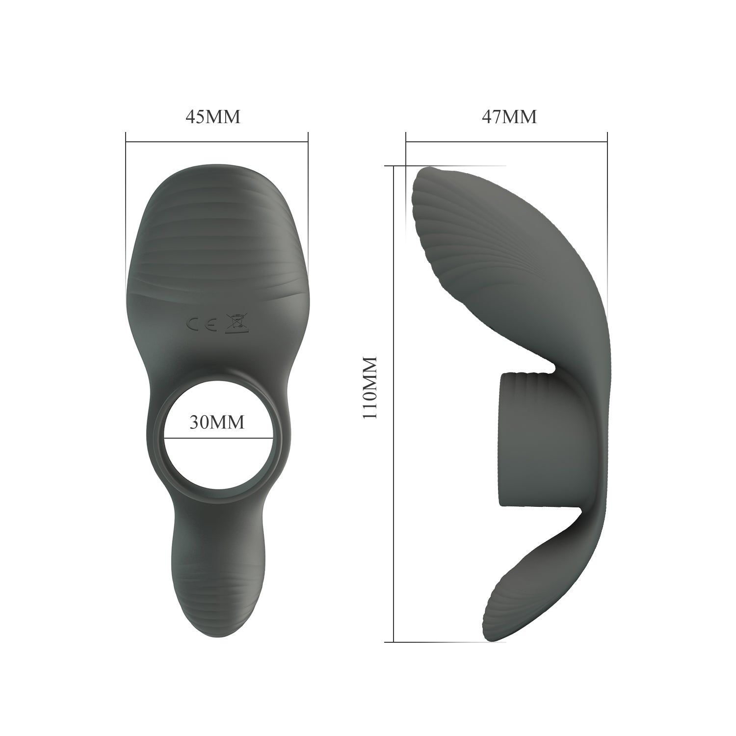 Anello grigio con misure: 110mm altezza, 45mm e 47mm larghezza, 30mm diametro.