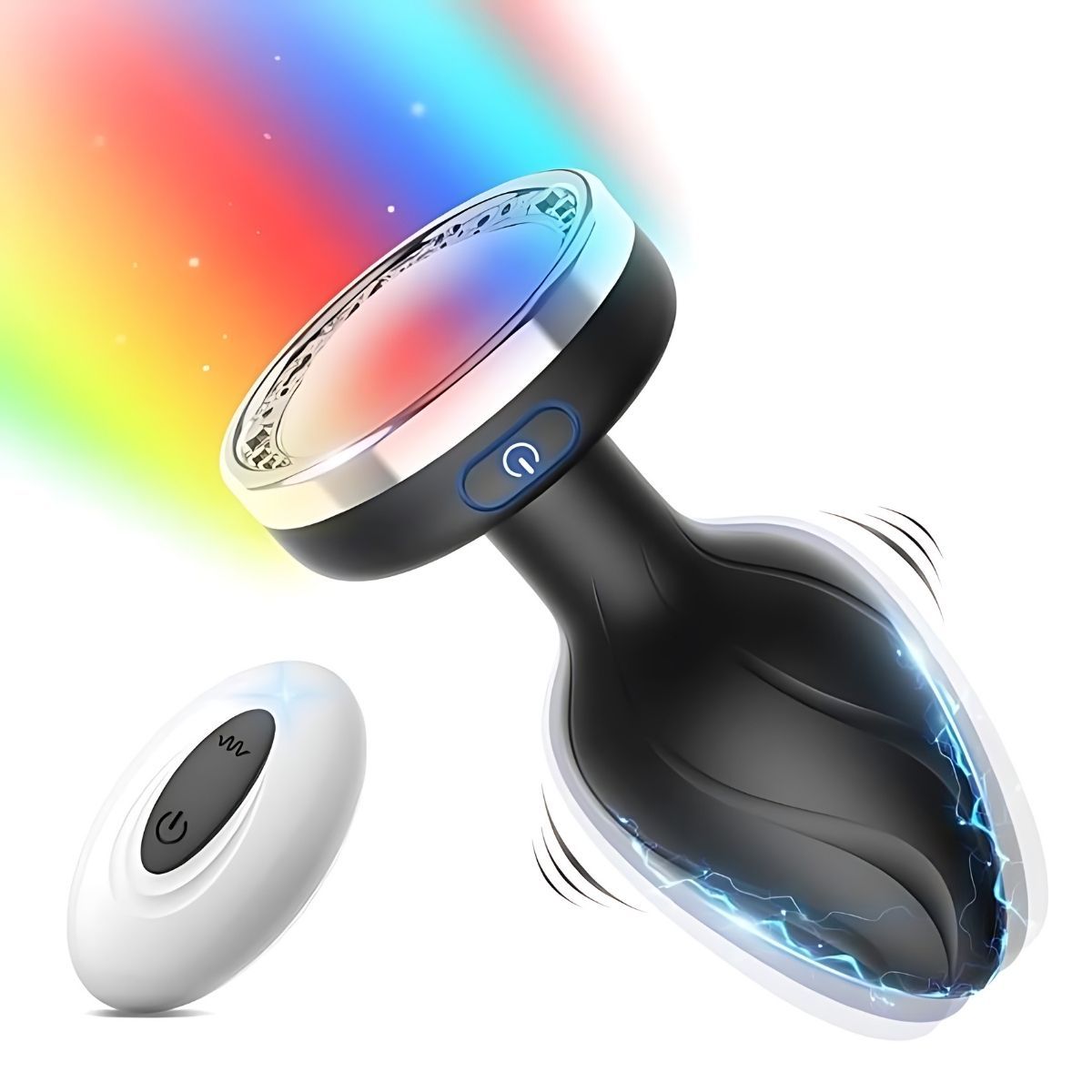 Plug anale nero con anello luminoso colorato e telecomando. Il plug ha una forma curva e un pulsante.