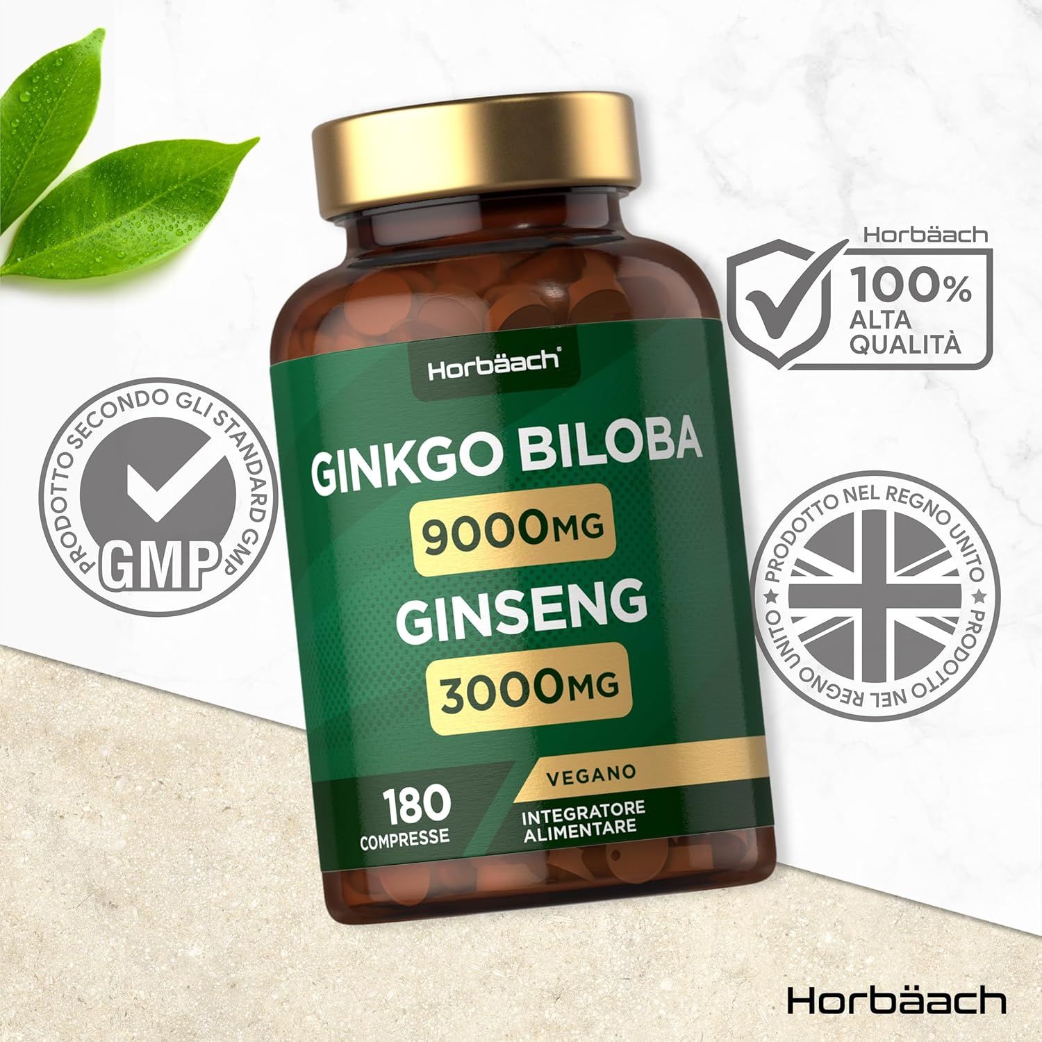 Flacone marrone con testo verde. Contiene compresse di Ginkgo Biloba e Ginseng. 180 compresse. Certificato GMP.