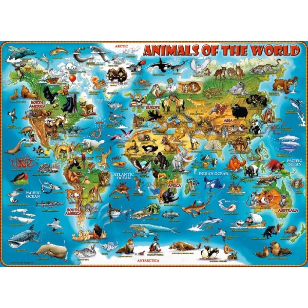 Puzzle Animals of the World. Forma rettangolare, mappa del mondo con animali. Colori: blu, giallo e marrone. Numerosi animali rappresentati.