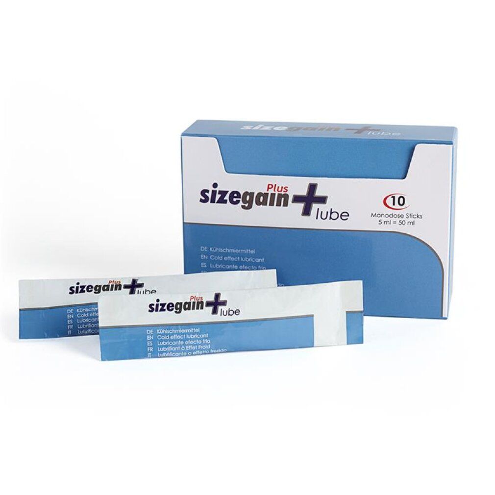 Confezione da 10 monodosi 'Sizegain Plus Lube' con effetto freddo.