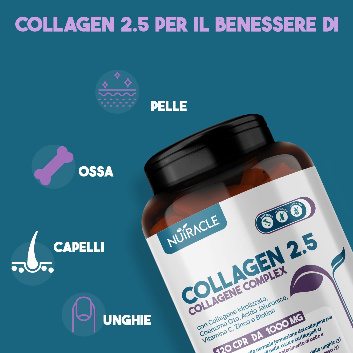 Flacone Nutracle Collagene 2.5 con informazioni dettagliate sull'etichetta.