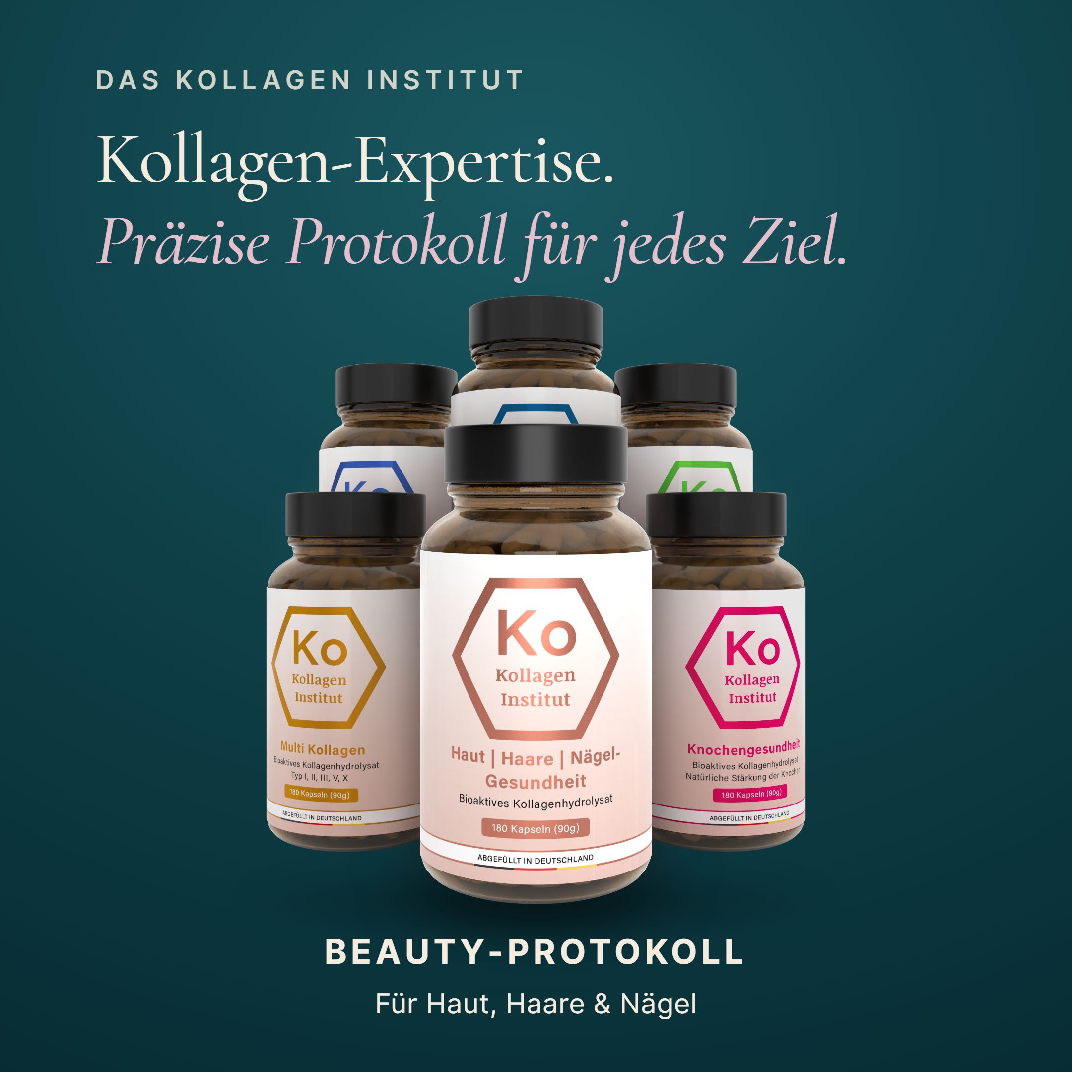 Diversi flaconi di prodotti Kollagen Institut di vari colori, raggruppati su sfondo scuro.