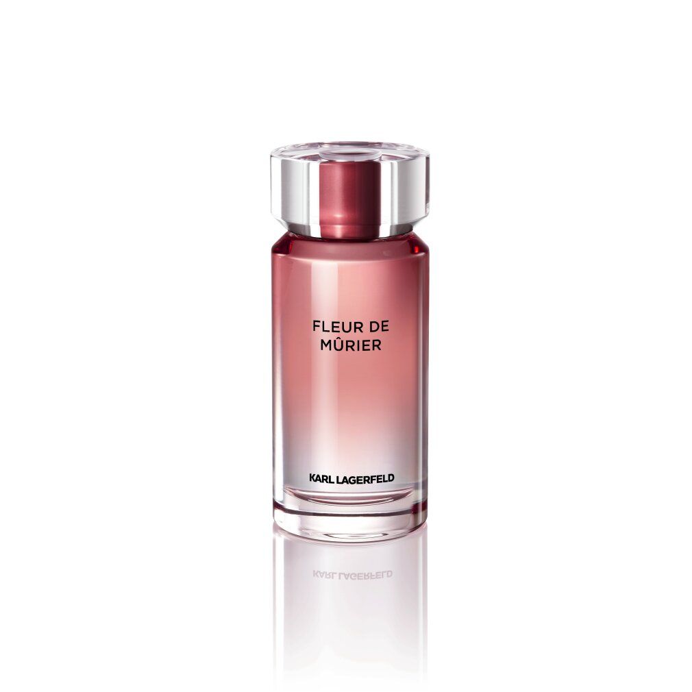 Flacone di profumo. Scritta: Fleur de Mûrier, Karl Lagerfeld. Sfumatura da rosa a trasparente. Tappo trasparente.