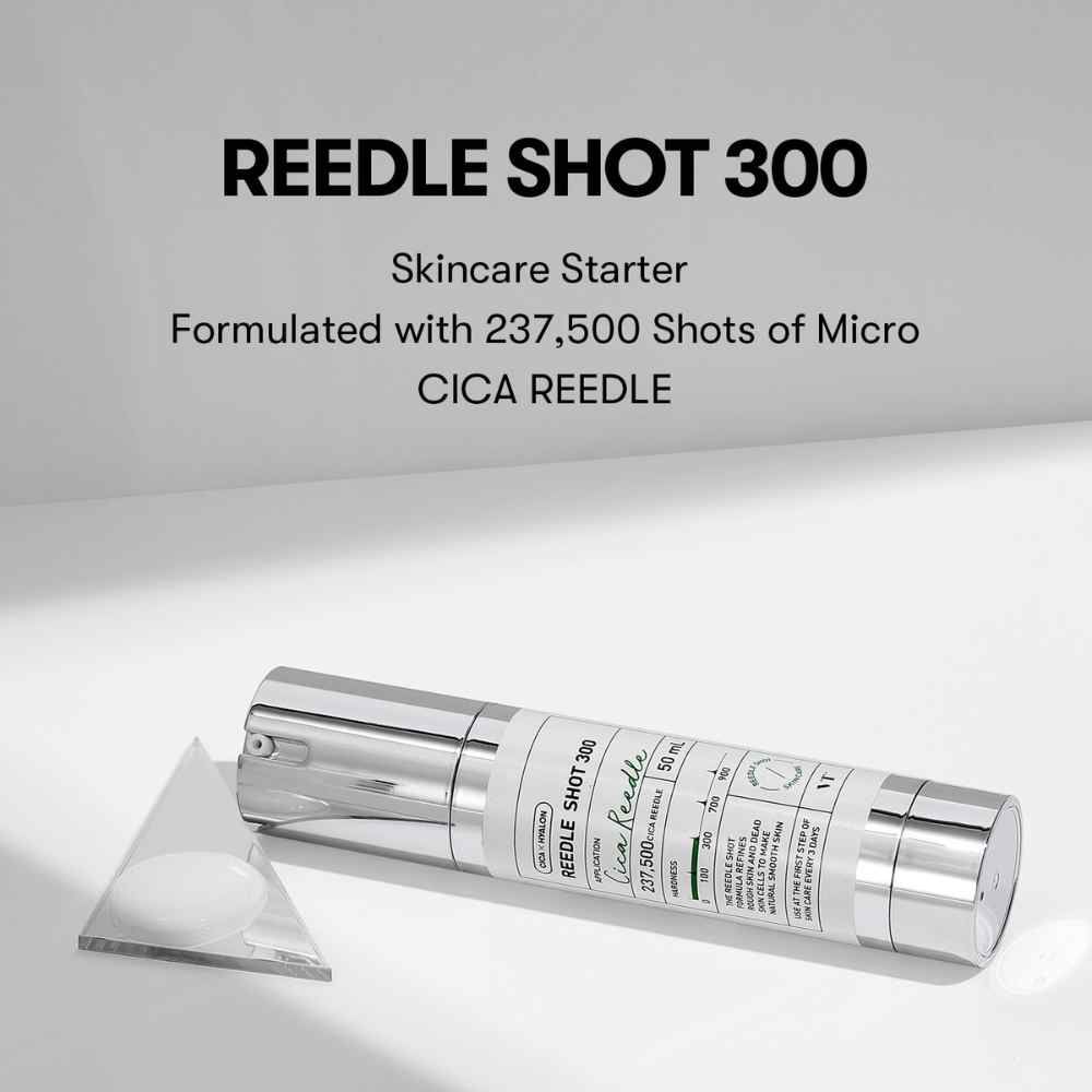 Flacone argento con testo: Reedle Shot 300. Testo: Skincare Starter. Prodotto su sfondo bianco.