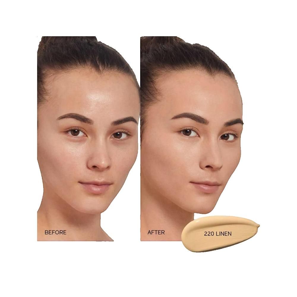 Confronto prima-dopo. Volto di donna. A destra: tonalità 220 Linen. Prodotto applicato.