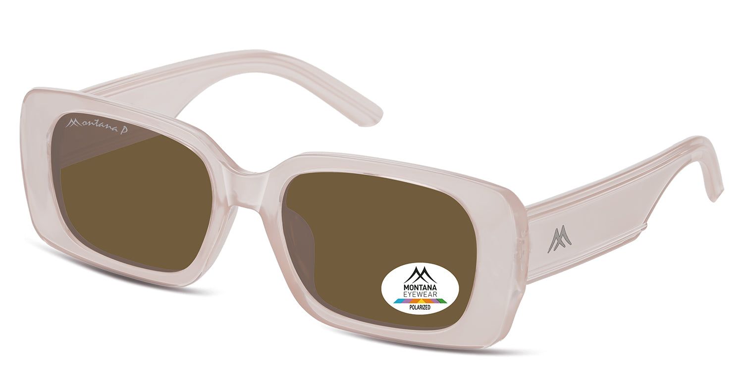 Occhiali da sole con lenti marroni e montatura chiara. Logo Montana Eyewear sulla lente e sull'asta. Vista prospettica.