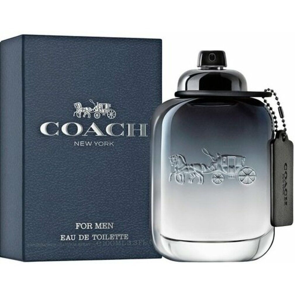 Coach For Men Eau de Toilette. Flacone e confezione. Scatola blu con logo e scritta. Flacone con etichetta.