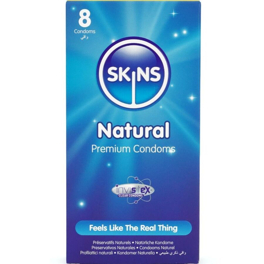 Confezione da 8 preservativi Skins Natural Premium. Scatola blu con motivo a stelle.