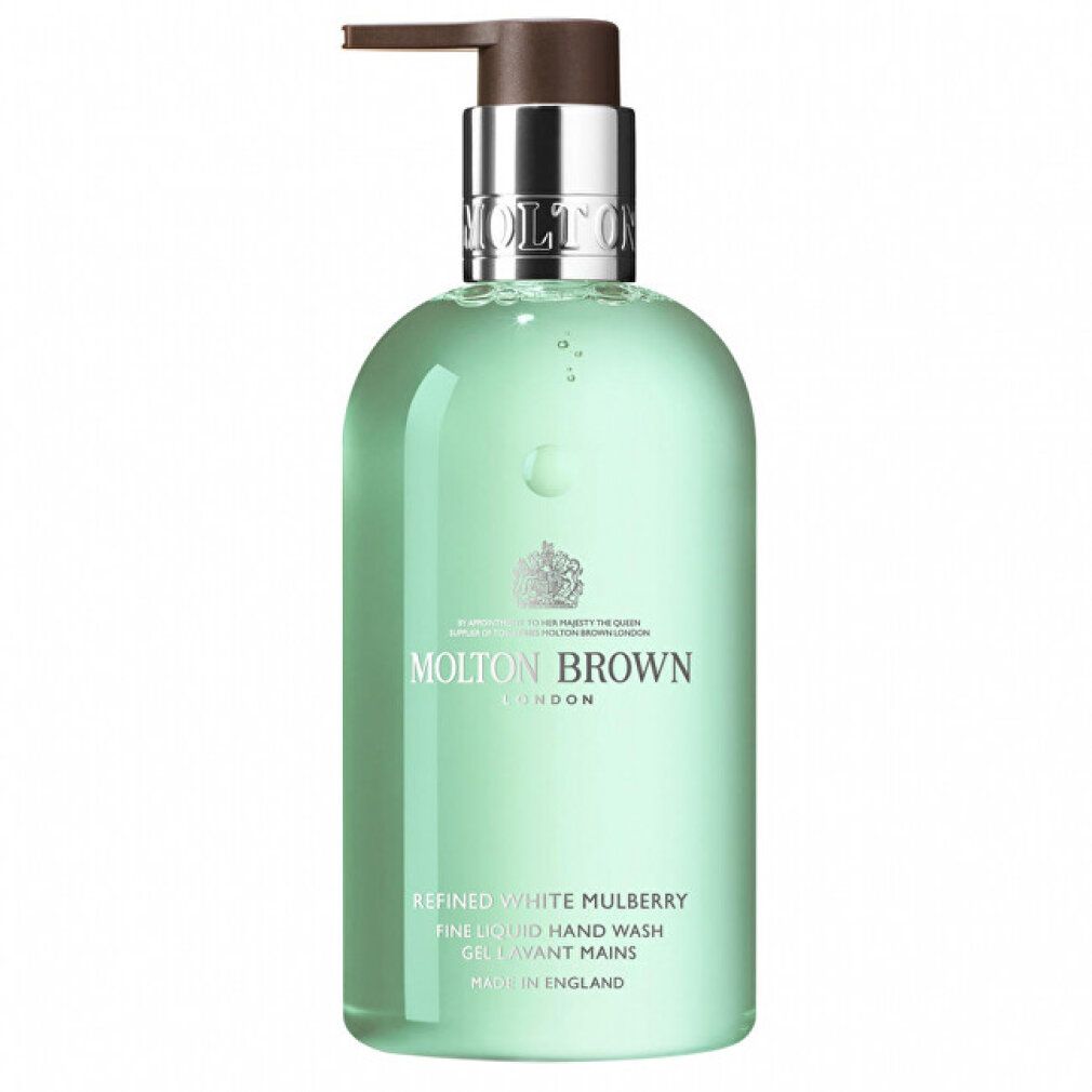 Flacone verde con dosatore argentato. Scritta: Molton Brown London, Refined White Mulberry Fine Liquid Hand Wash.