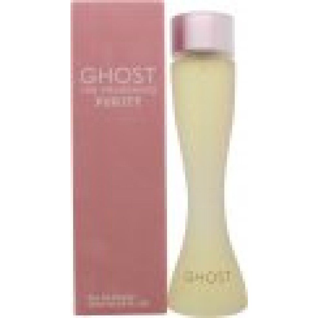 Flacone di profumo e confezione. Flacone con tappo rosa, liquido giallo chiaro. Confezione rosa con nome del prodotto.