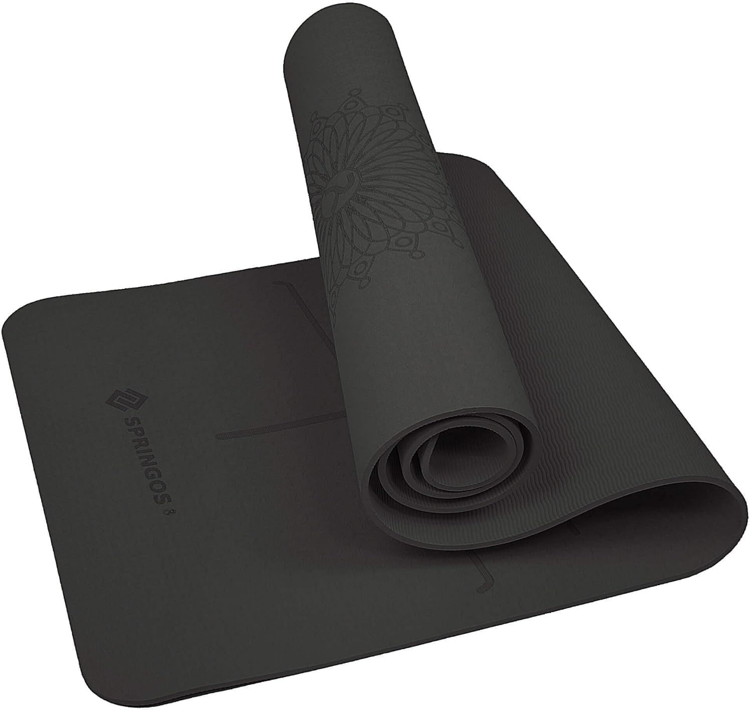 Tappetino yoga nero, parzialmente arrotolato. Sul tappetino è visibile un motivo e il logo Springos.