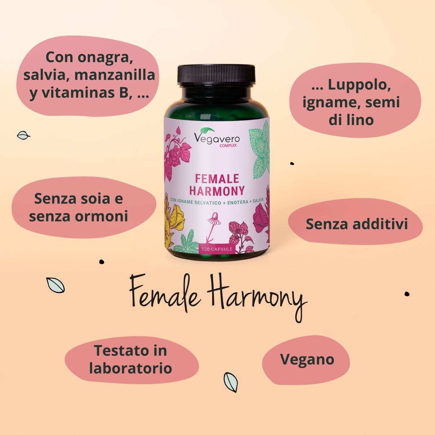 Flacone Female Harmony. Testo: Senza soia e senza ormoni, Senza additivi, Vegano, Produzione tedesca.