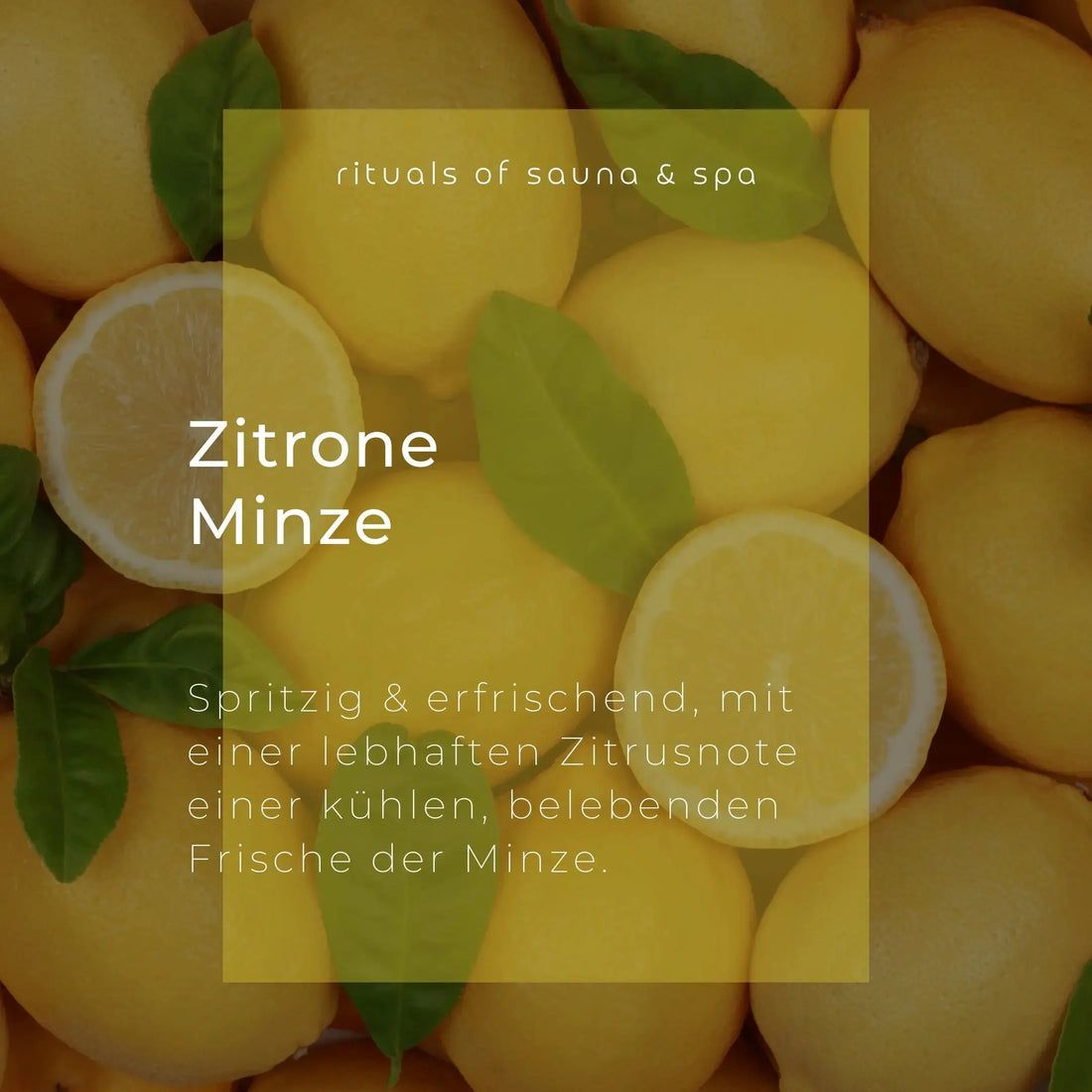 Testo su sfondo giallo con limoni e foglie. Scritta: Zitrone Minze. Testo che descrive la fragranza rinfrescante.