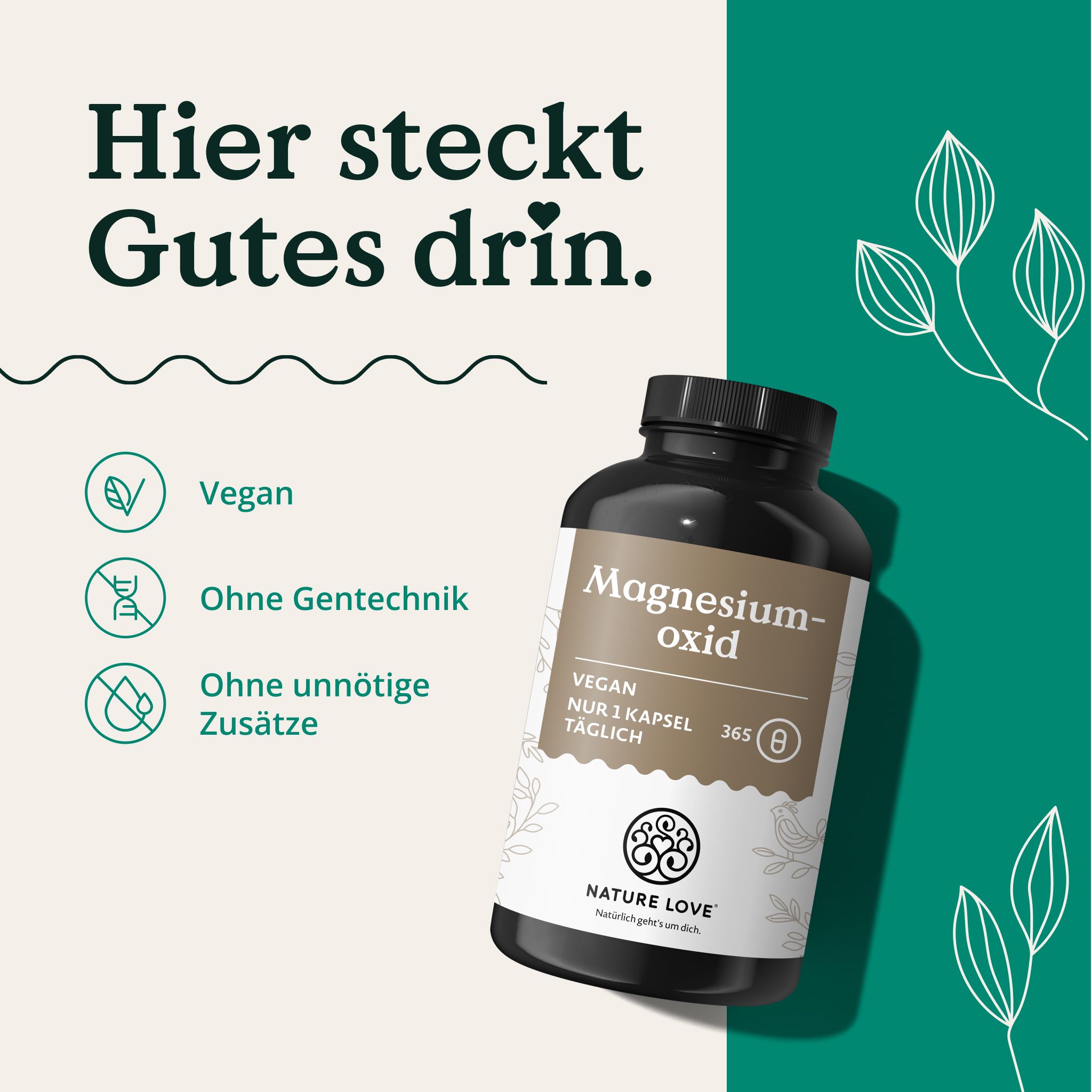 Contenitore scuro di capsule di ossido di magnesio, testo: Qui c'è del buono. Vegano, Senza OGM.