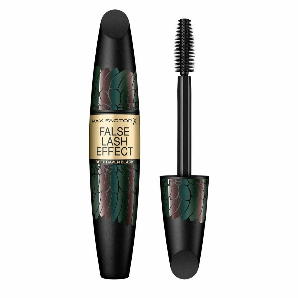 Tubo mascara nero con scritta dorata. Spazzola accanto. Decorazione piume. "False Lash Effect" e "Deep Raven Black".