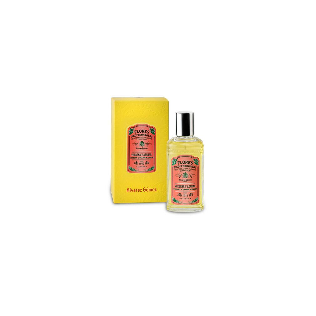 Flacone e scatola. Scritta: Flores Mediterraneas, Verbena y Azahar, Alvarez Gómez.