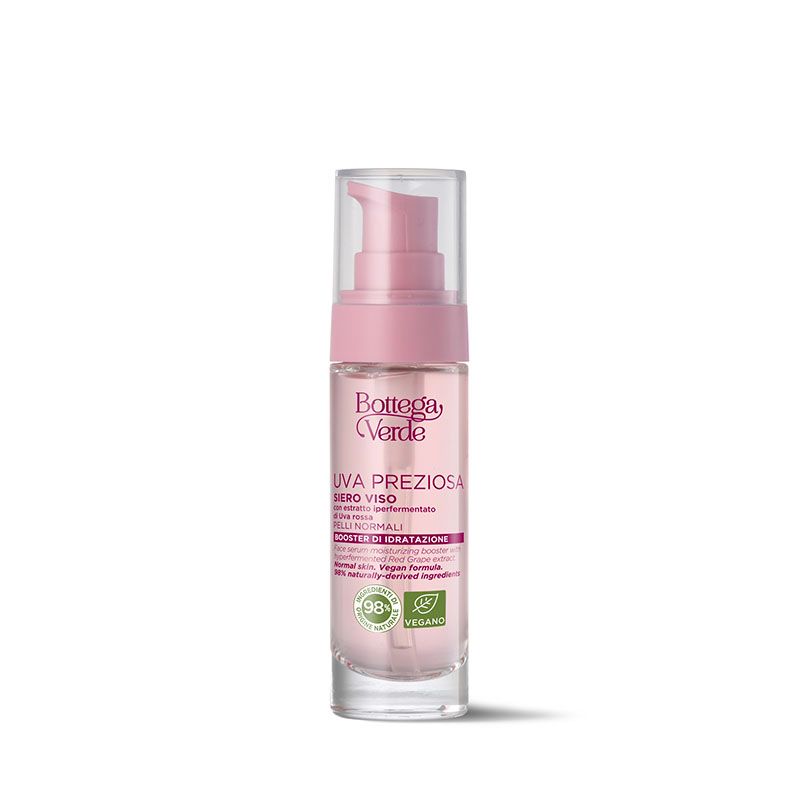 Siero viso Bottega Verde Uva Preziosa in flacone con erogatore e dettagli rosa. Include sigillo biologico.