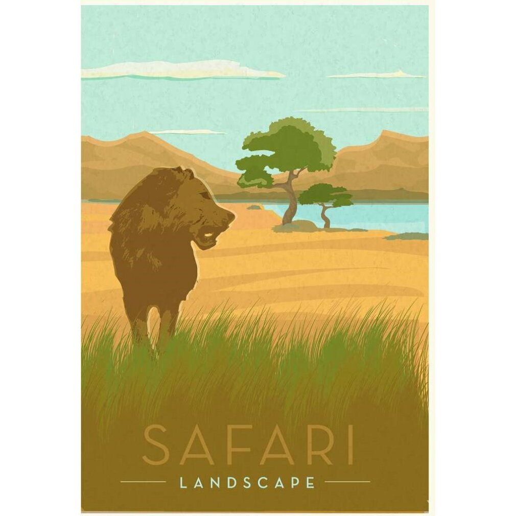 Immagine puzzle: leone nella savana. Titolo: Safari Landscape. 99 pezzi. Sfondo: cielo, montagne, erba, alberi. Senza confezione.