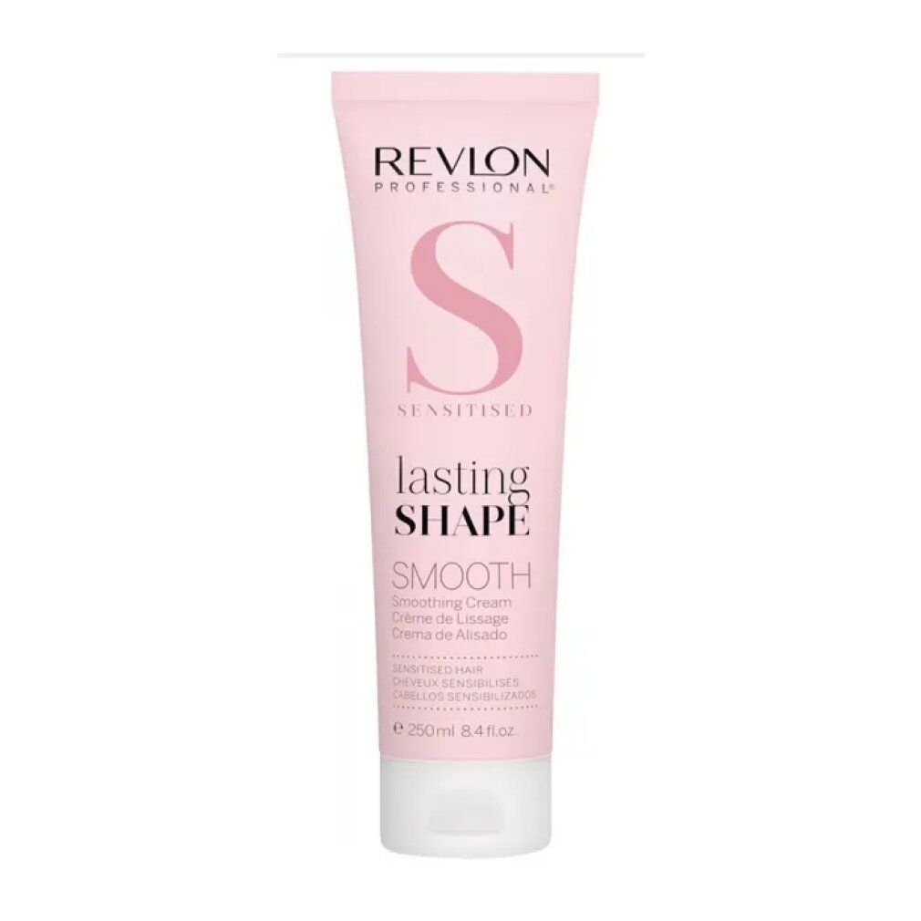 Tubo rosa. Marchio e nome del prodotto: Revlon, Lasting Shape, Smooth, Sensitised Hair. Contenuto: 250ml.