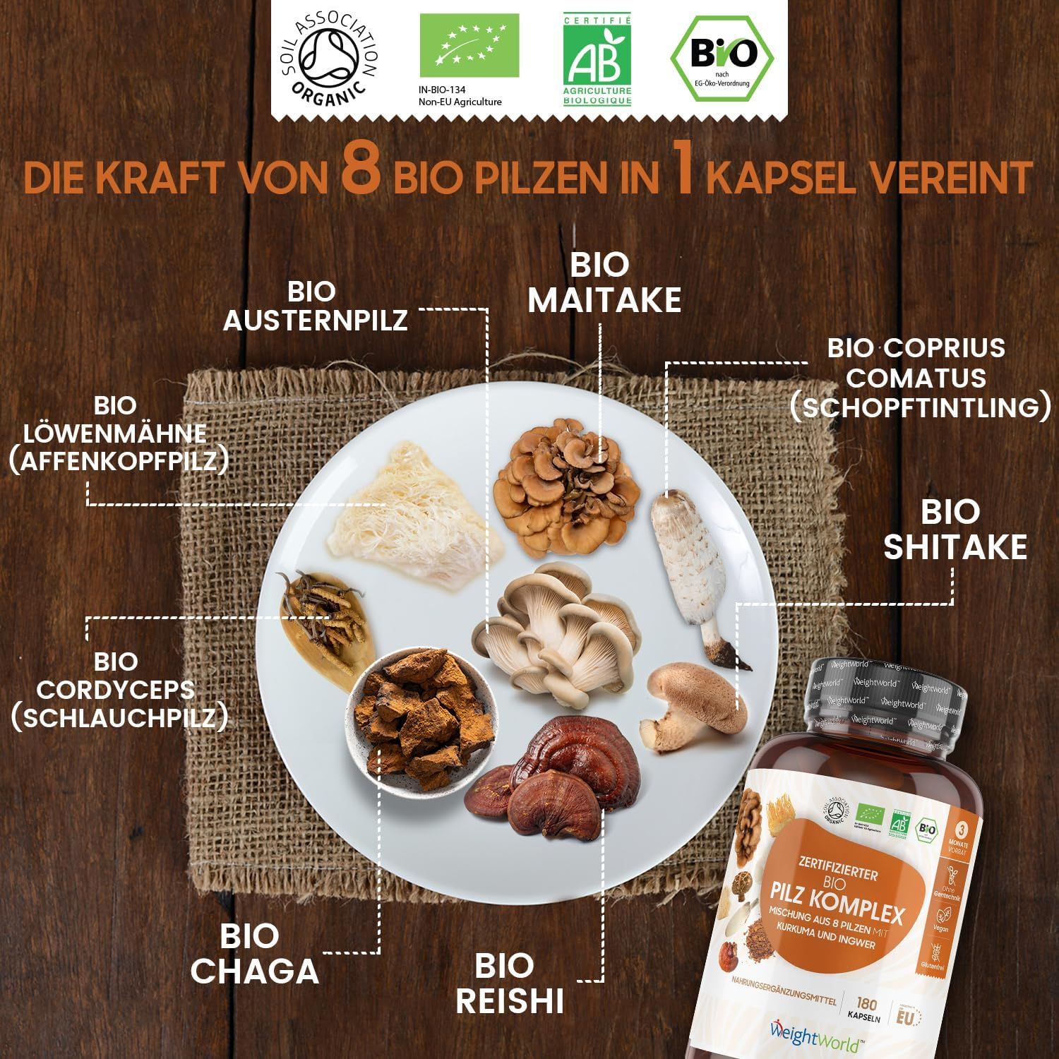 Piatto con diversi tipi di funghi. Scritta: 8 BIO Pilze in 1 Kapsel. Sigilli: Bio. Flacone con etichetta: BIO Pilz Komplex. Marchio: WeightWorld.
