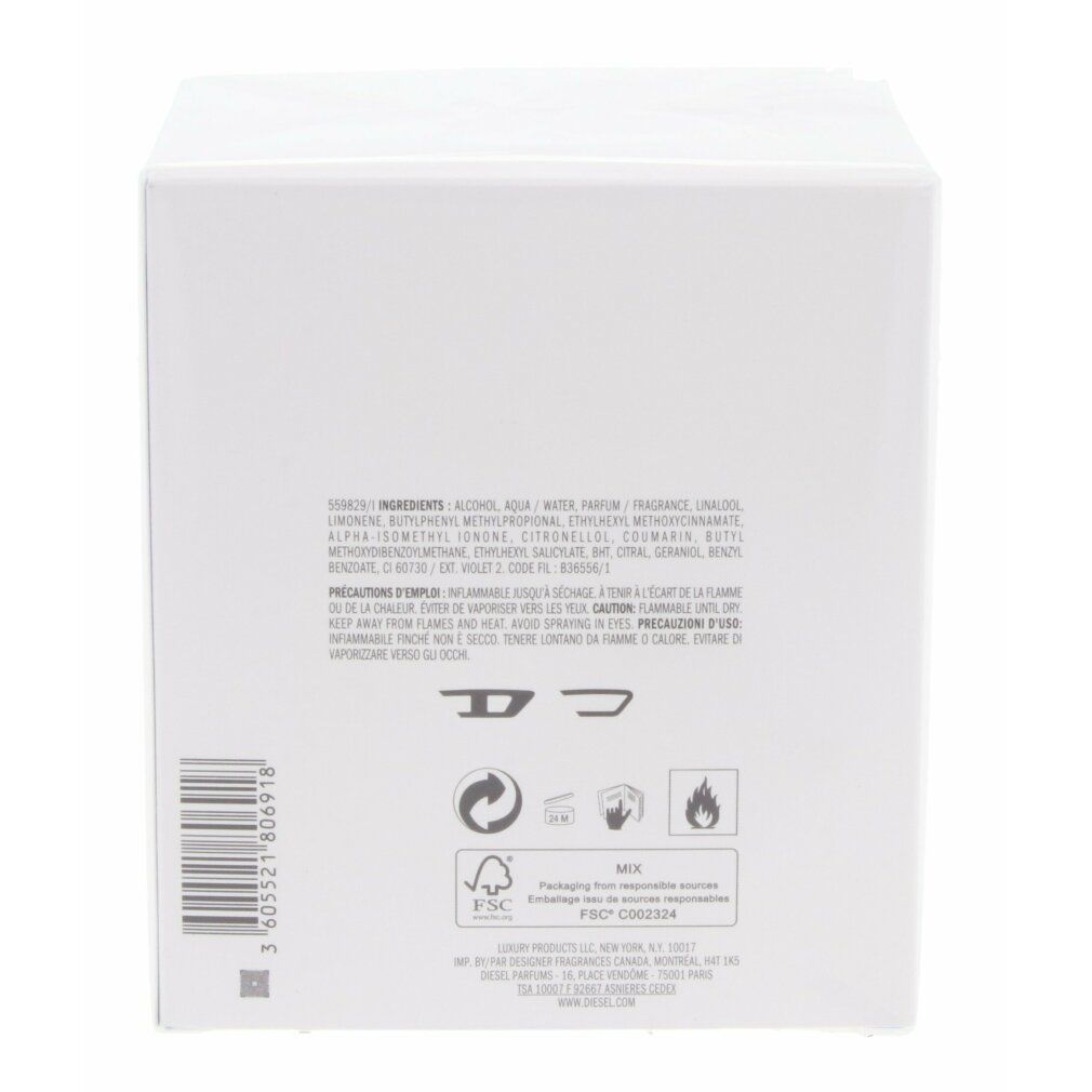 Retro della confezione bianca. Ingredienti, avvertenze e loghi. Logo Diesel in basso.