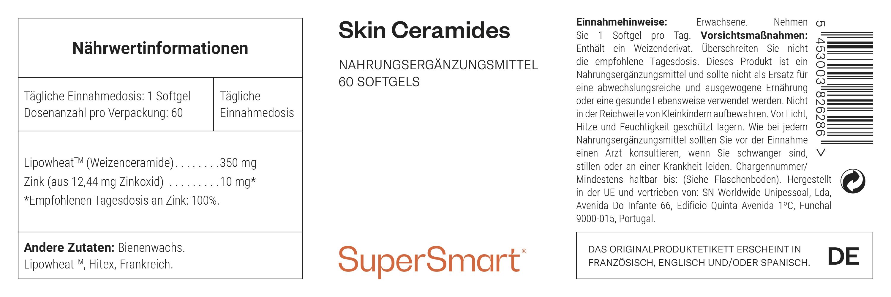 Integratore alimentare Skin Ceramides, 60 capsule molli. Contiene 350 mg di Lipo(grano)ceramide e 10 mg di zinco.