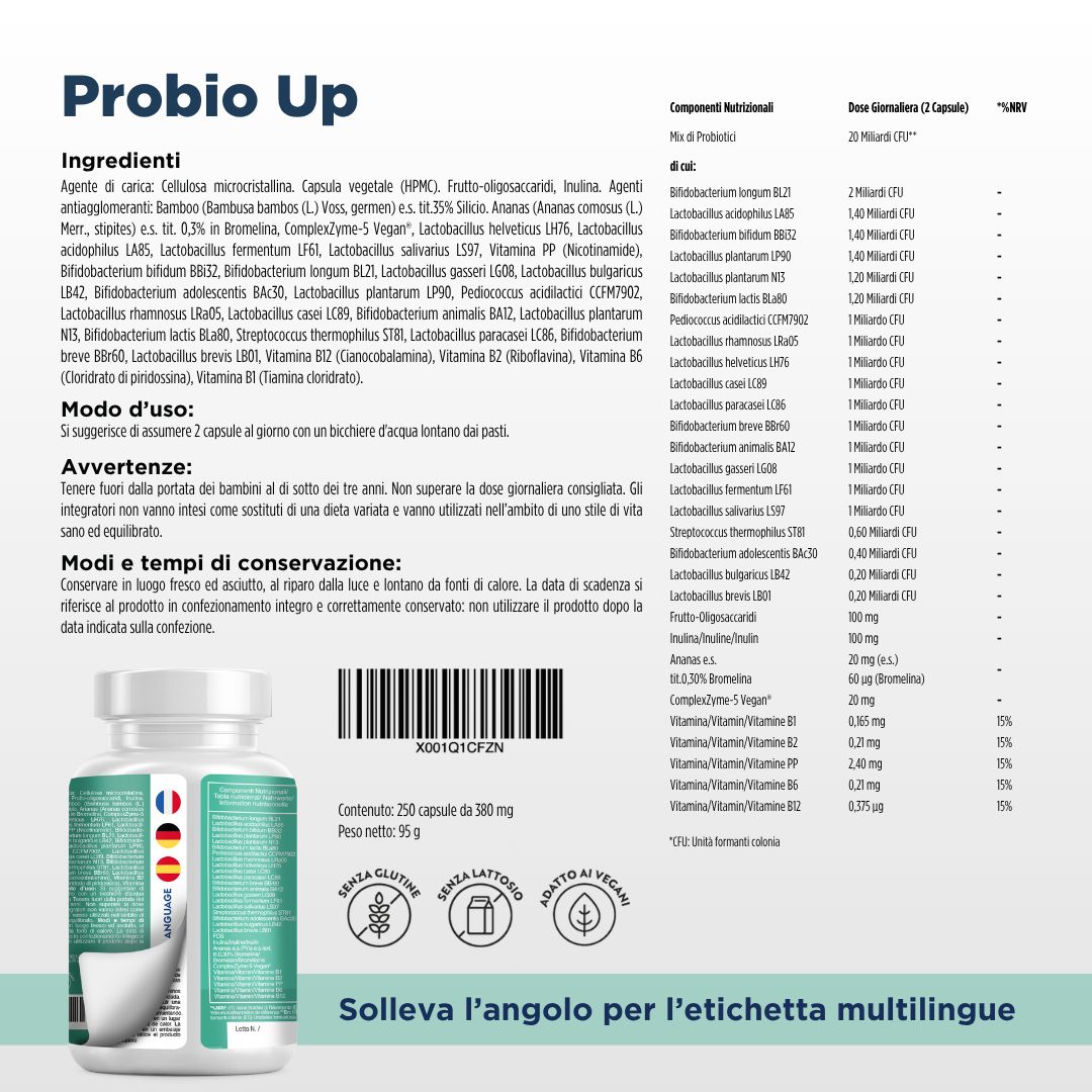 Flacone Probio Up con elenco ingredienti e informazioni nutrizionali. Etichette multilingue.
