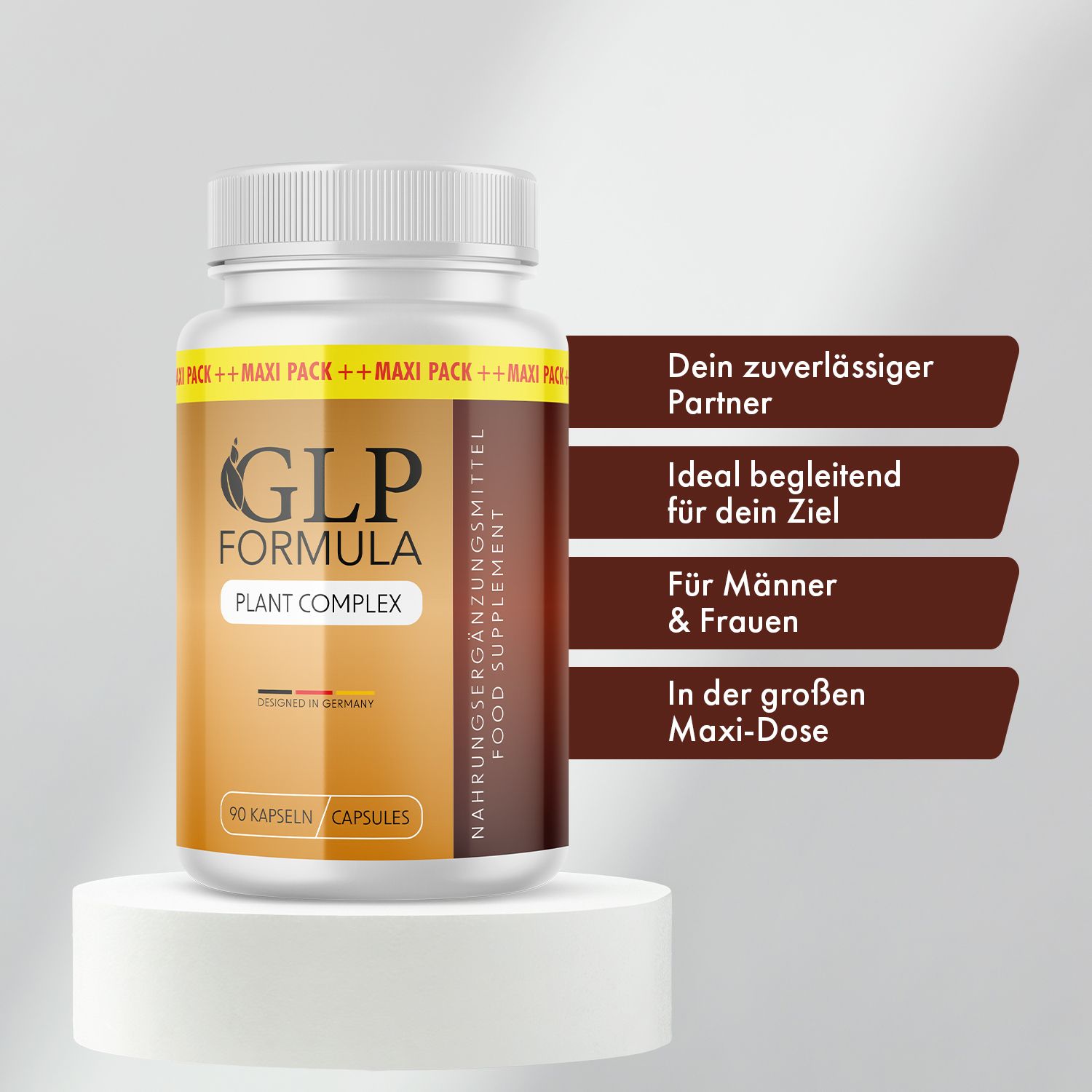 Flacone di GLP Formula Plant Complex Kapseln su piedistallo. Infobox marrone con testo: Il tuo partner affidabile, ideale per il tuo obiettivo.