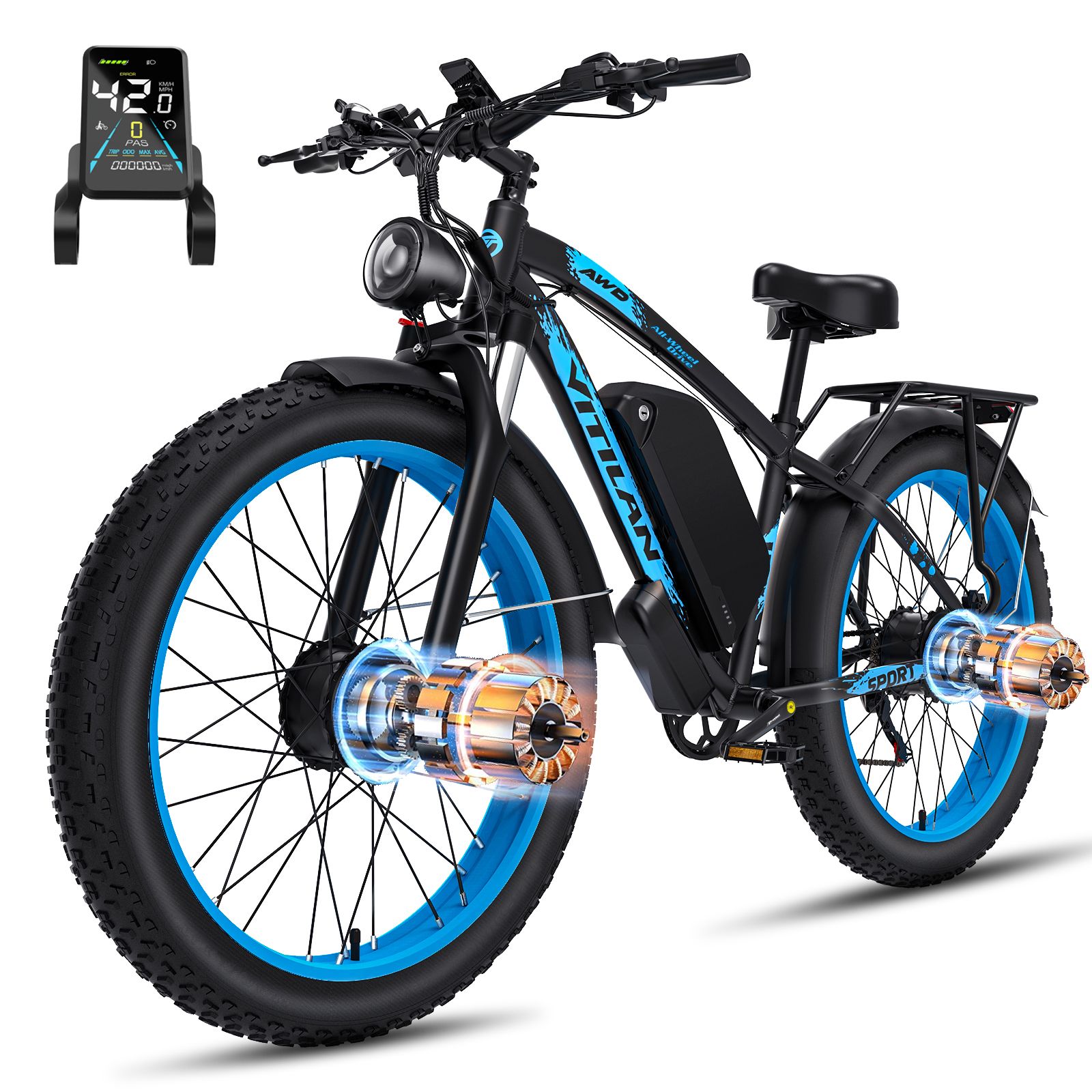 E-bike nera con cerchi blu. Display digitale a sinistra. Motori visibili. Marchio Vitilan.