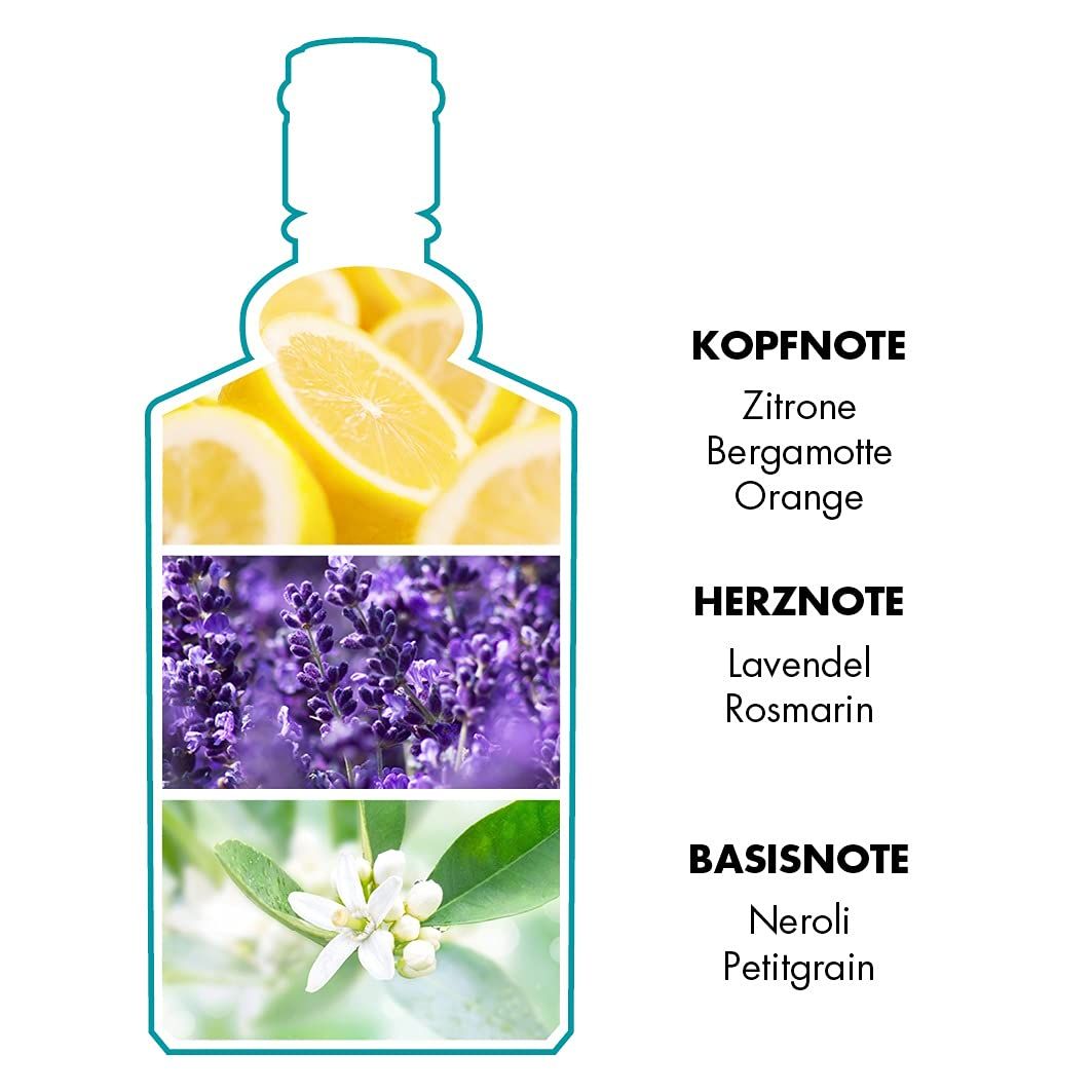 Grafica con ingredienti. Limone, lavanda, neroli. Scritta: Nota di testa, Nota di cuore, Nota di fondo.