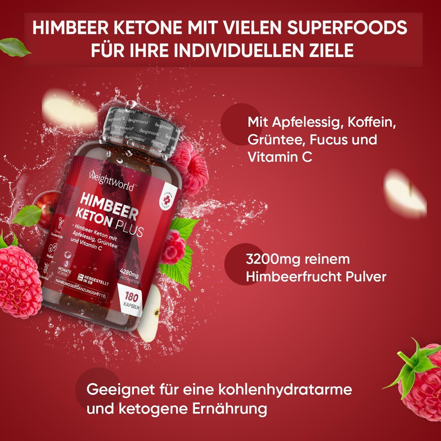 Prodotto: Himbeer Keton Plus, 180 capsule. Testo: Chetone di lampone con aceto di mele, tè verde e vitamina C. 4280mg per porzione.