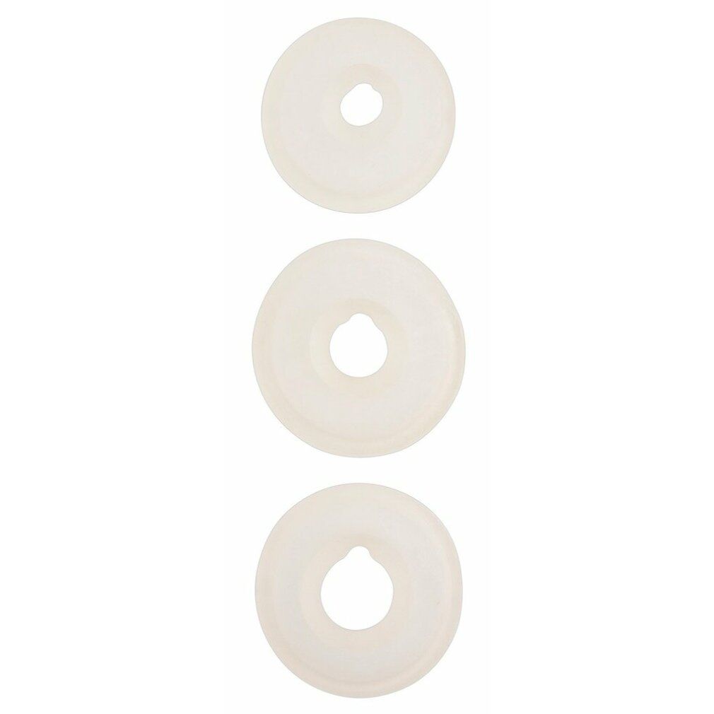 Tre anelli rotondi e chiari con un foro al centro, su sfondo bianco.