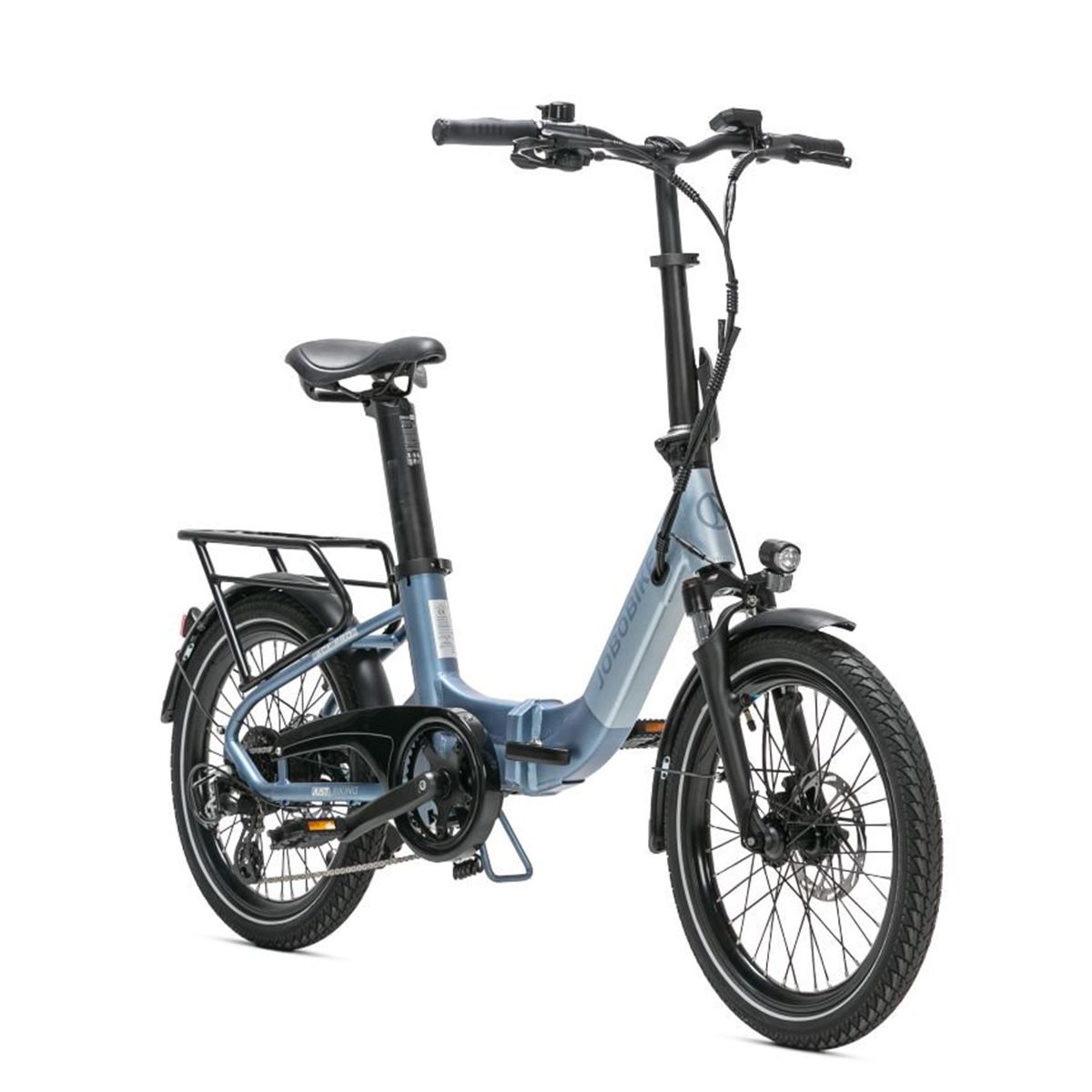 E-bike JOBOBIKE Ace Pro grigio chiaro. Pneumatici neri, portapacchi, sella e manubrio. Scritta JOBOBIKE.