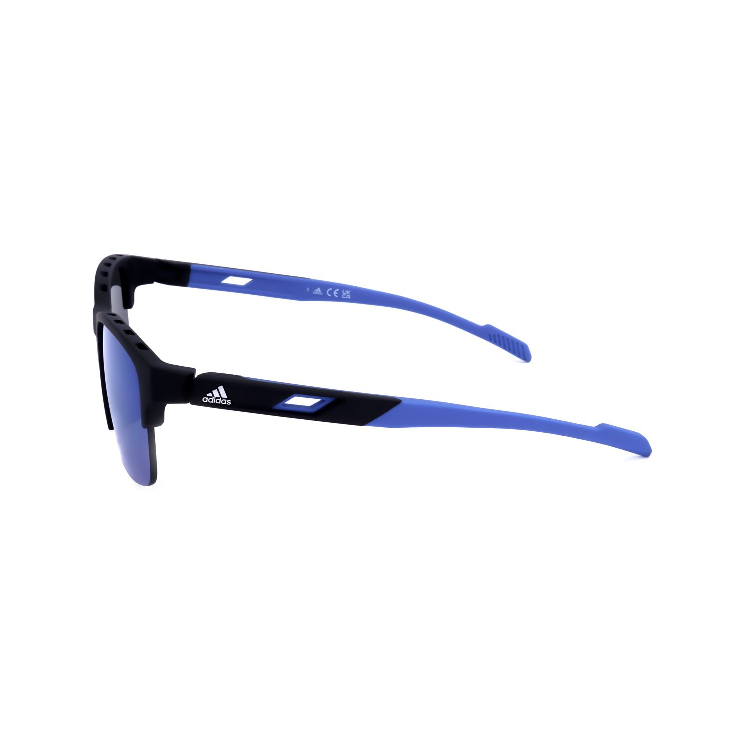 Occhiali da sole Adidas neri con aste blu e lenti a specchio.