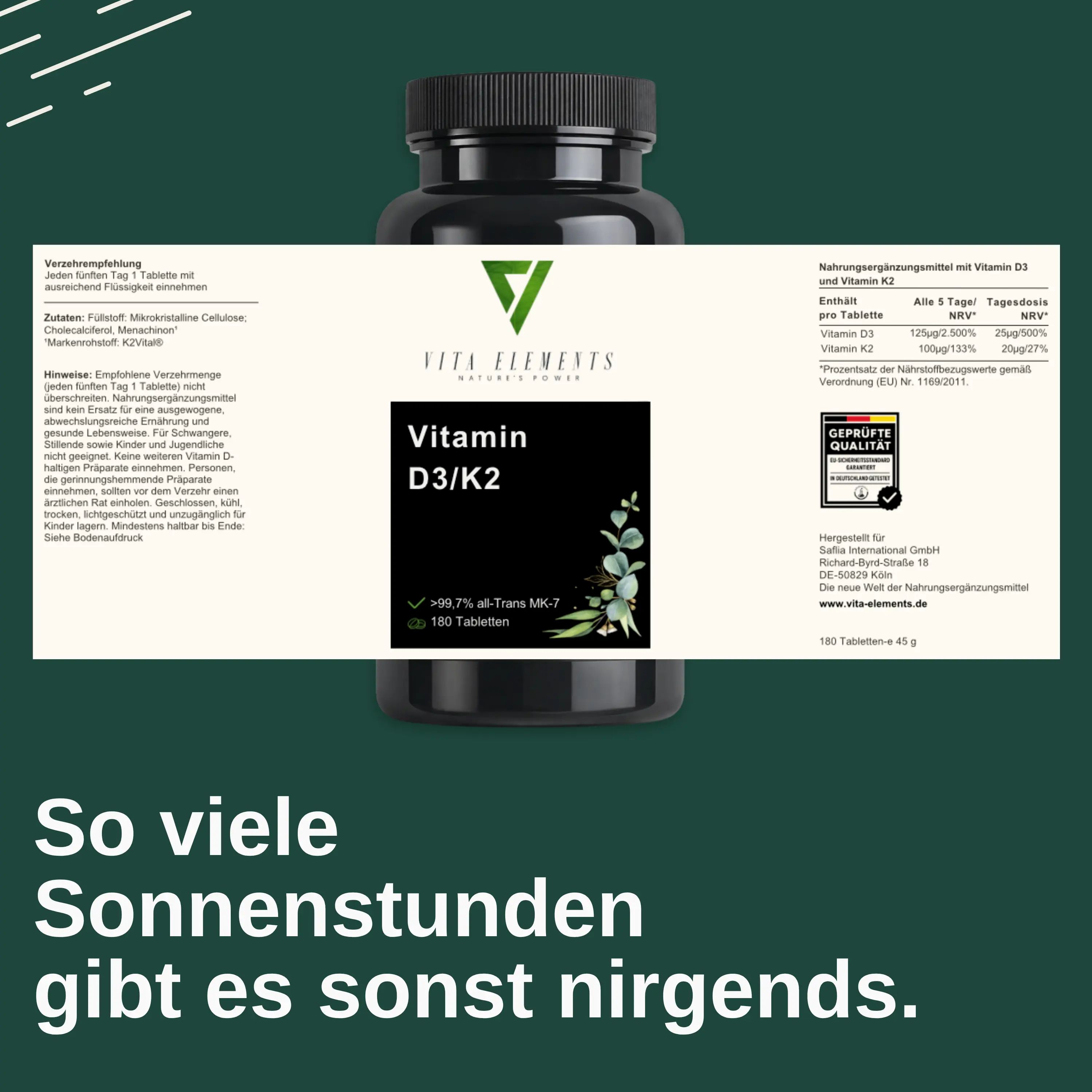 Etichetta Vita Elements Vitamina D3/K2: Contiene >99,7% all-Trans MK-7, 180 compresse. Qualità certificata.
