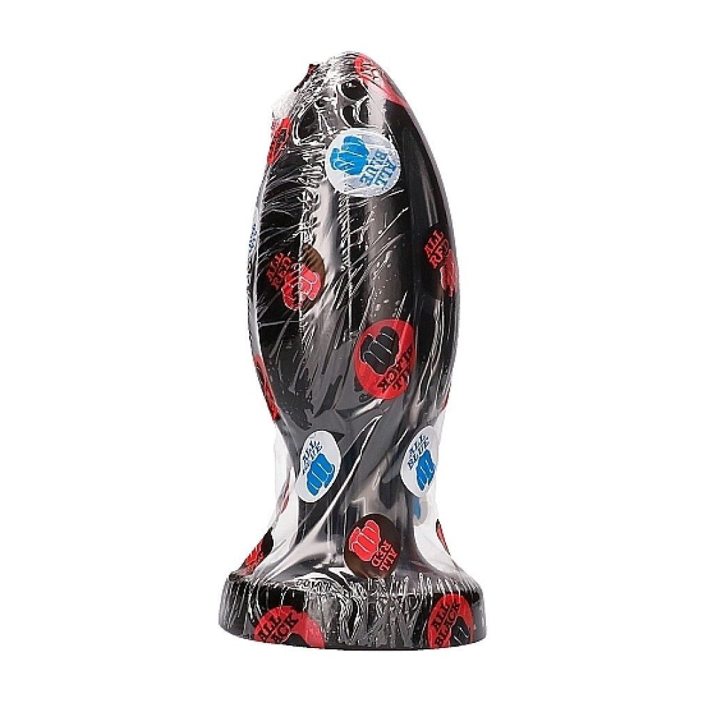 Plug anale nero in confezione trasparente. Sull'imballaggio sono applicati adesivi con "ALL BLACK" e un logo a pugno.