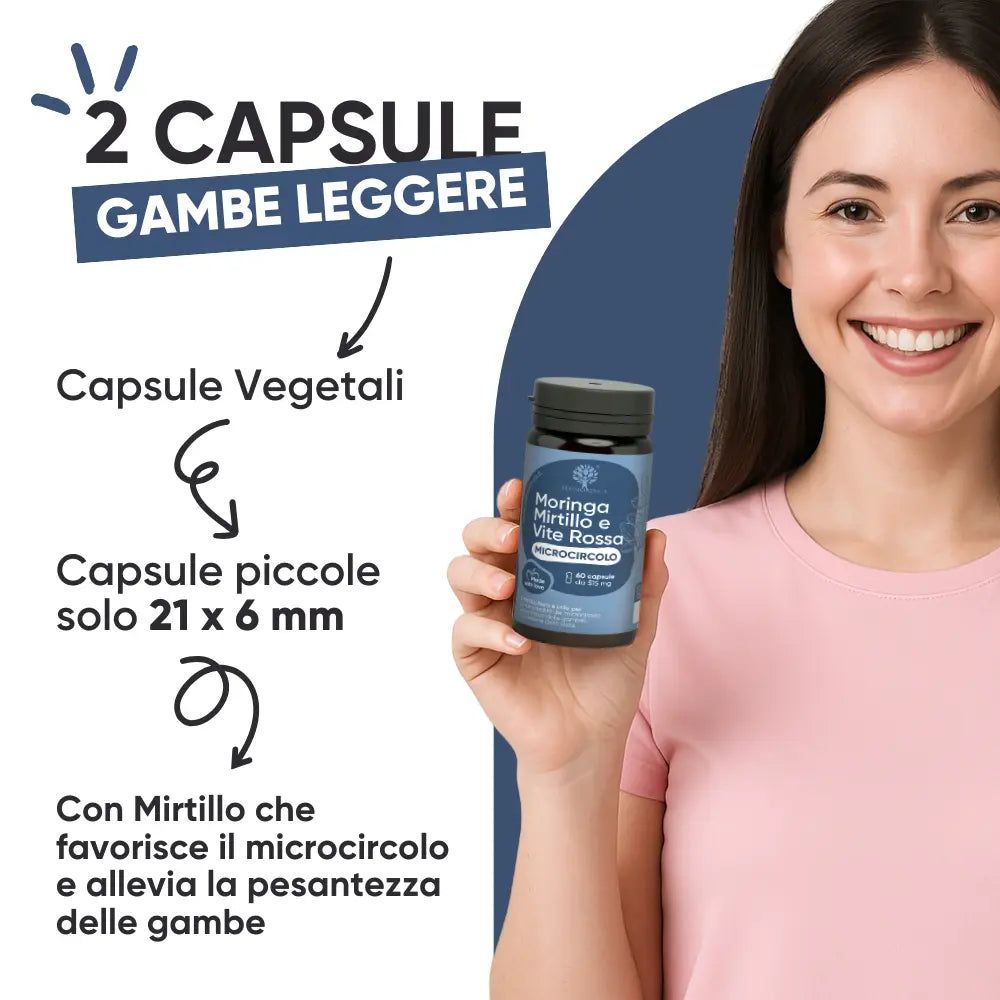 Donna tiene un flacone. Testo: 2 Capsule gambe leggere. Contiene Moringa Mirtillo Vite Rossa. Capsule di 21 x 6 mm.