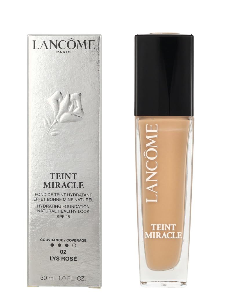 Flacone di fondotinta e scatola. Sulla scatola: Lancôme, Teint Miracle, 02 Lys Rosé. Sul flacone: Lancôme, Teint Miracle, SPF 15.